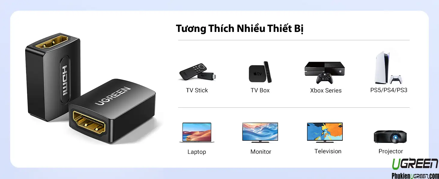Đầu nối HDMI Ugreen 20107 Female to Female tương thích với TV, PS5, Xbox, Laptop, Monitor và Projector