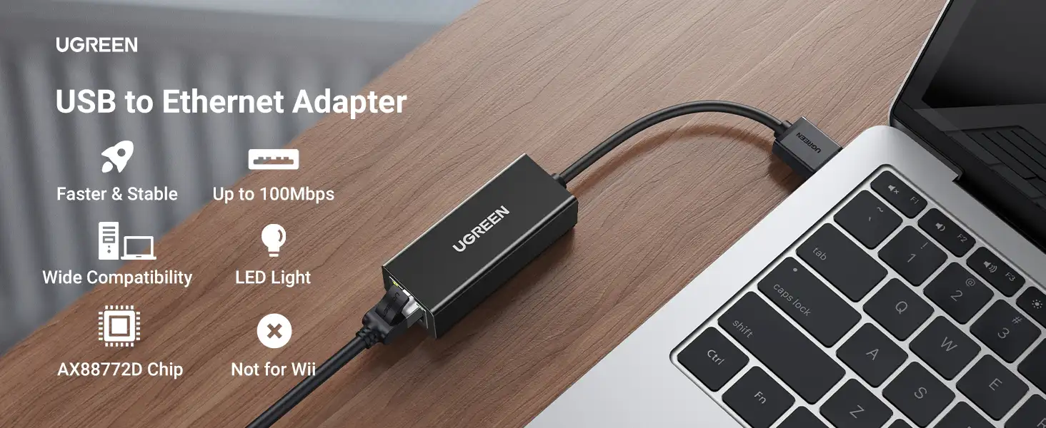Cáp chuyển USB 2.0 sang LAN RJ45 Ugreen 20254 màu đen tốc độ 100Mbps có đèn LED