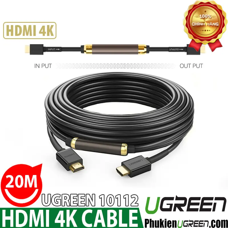 Cáp HDMI Ugreen 10112 dài 20M – HDMI 4K, có IC khuếch đại, chính hãng, truyền tín hiệu xa