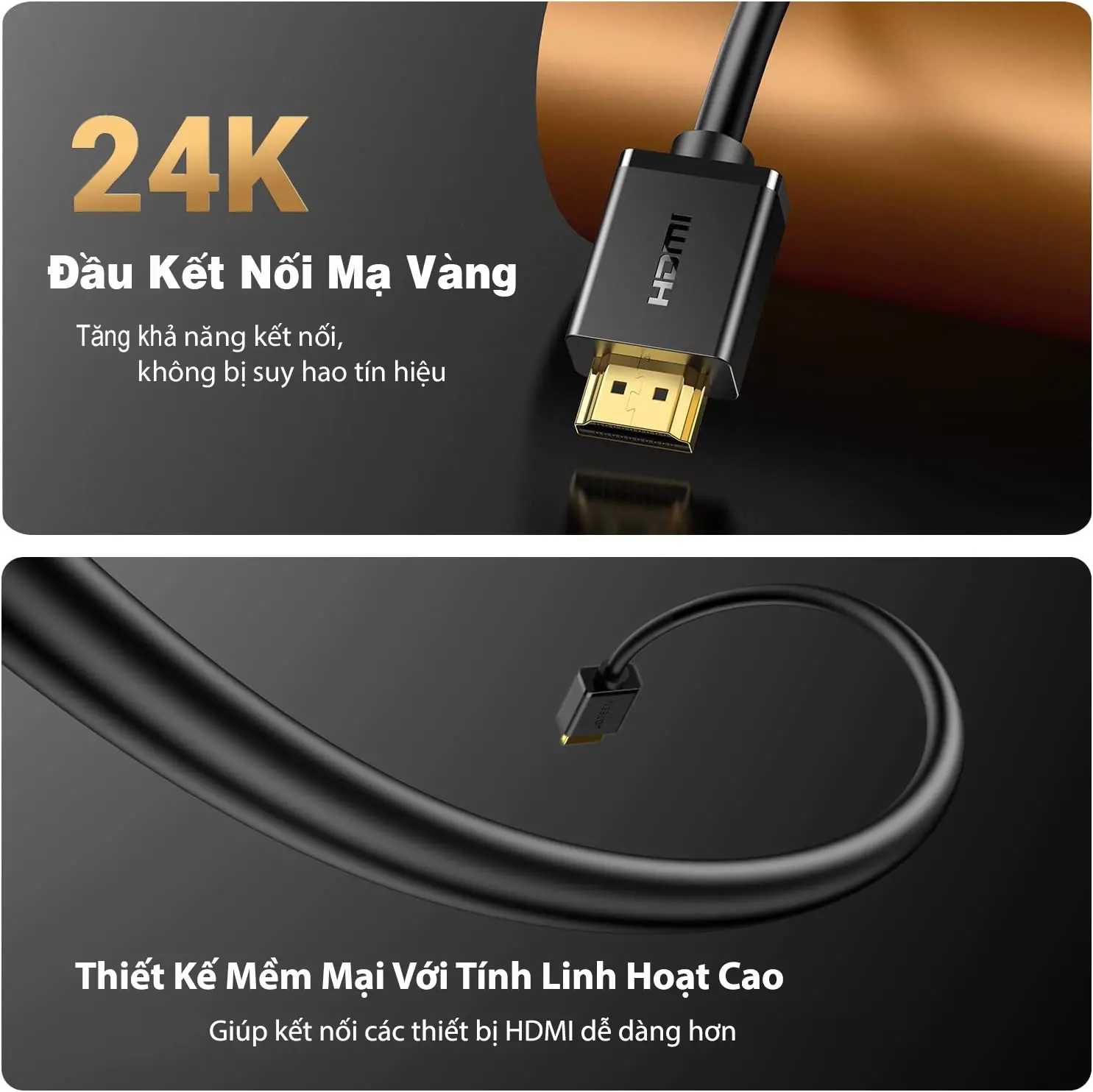 Cáp HDMI Ugreen HD104 – Đầu kết nối mạ vàng 24K, dây mềm mại linh hoạt