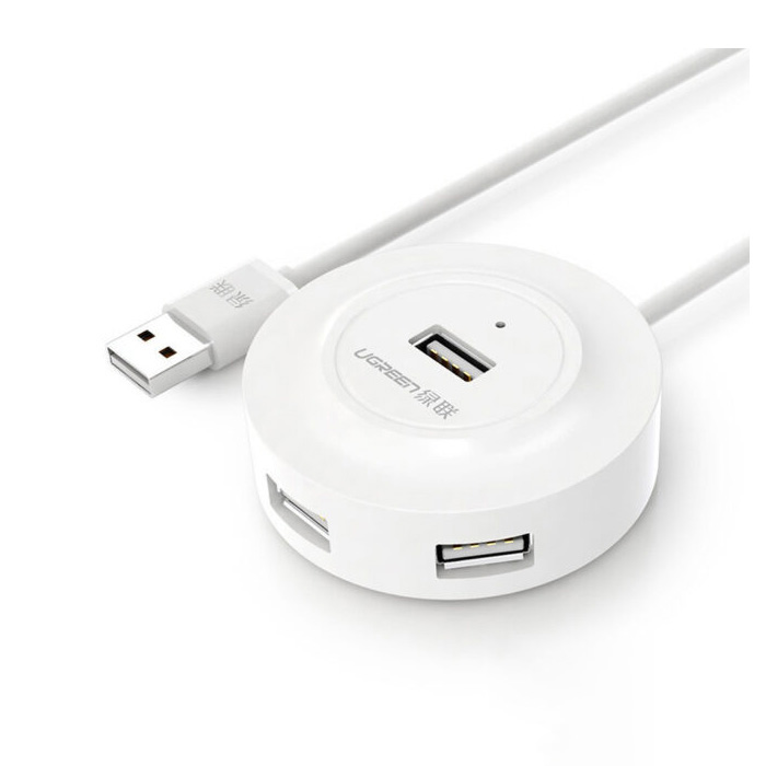 Bộ chia USB 2.0 Ugreen 20270 màu trắng với thiết kế tròn nhỏ gọn và 4 cổng kết nối tiện lợi