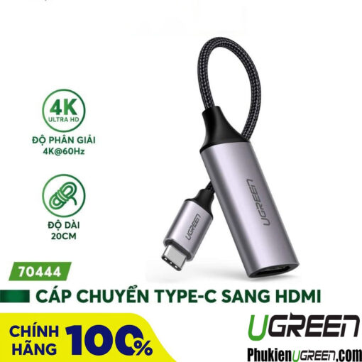 Cáp chuyển USB Type-C sang HDMI 4K@60Hz Ugreen 70444 chính hãng, hỗ trợ Thunderbolt 3, vỏ nhôm, dài 20cm