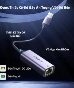 Cáp USB 3.0 to LAN RJ45 Ugreen 50922 CM209 vỏ hợp kim nhôm bền bỉ có đèn LED báo hiệu