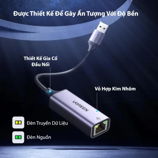 Cáp USB 3.0 to LAN RJ45 Ugreen 50922 CM209 vỏ hợp kim nhôm bền bỉ có đèn LED báo hiệu