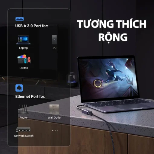 Cáp USB 3.0 to LAN RJ45 Ugreen 50922 CM209 vỏ hợp kim nhôm tương thích laptop PC Nintendo Switch Router