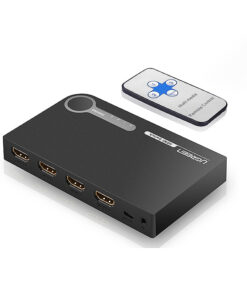 Bộ gộp HDMI 3 vào 1 ra Ugreen 40234, kèm điều khiển từ xa, 3 cổng HDMI input, thiết kế hiện đại màu đen.