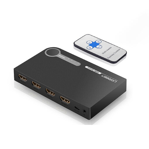 Bộ gộp HDMI 3 vào 1 ra Ugreen 40234, kèm điều khiển từ xa, 3 cổng HDMI input, thiết kế hiện đại màu đen.