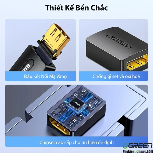 Đầu nối HDMI Ugreen 20107 Female to Female – thiết kế bền chắc, đầu mạ vàng, chống gỉ sét và chipset cao cấp
