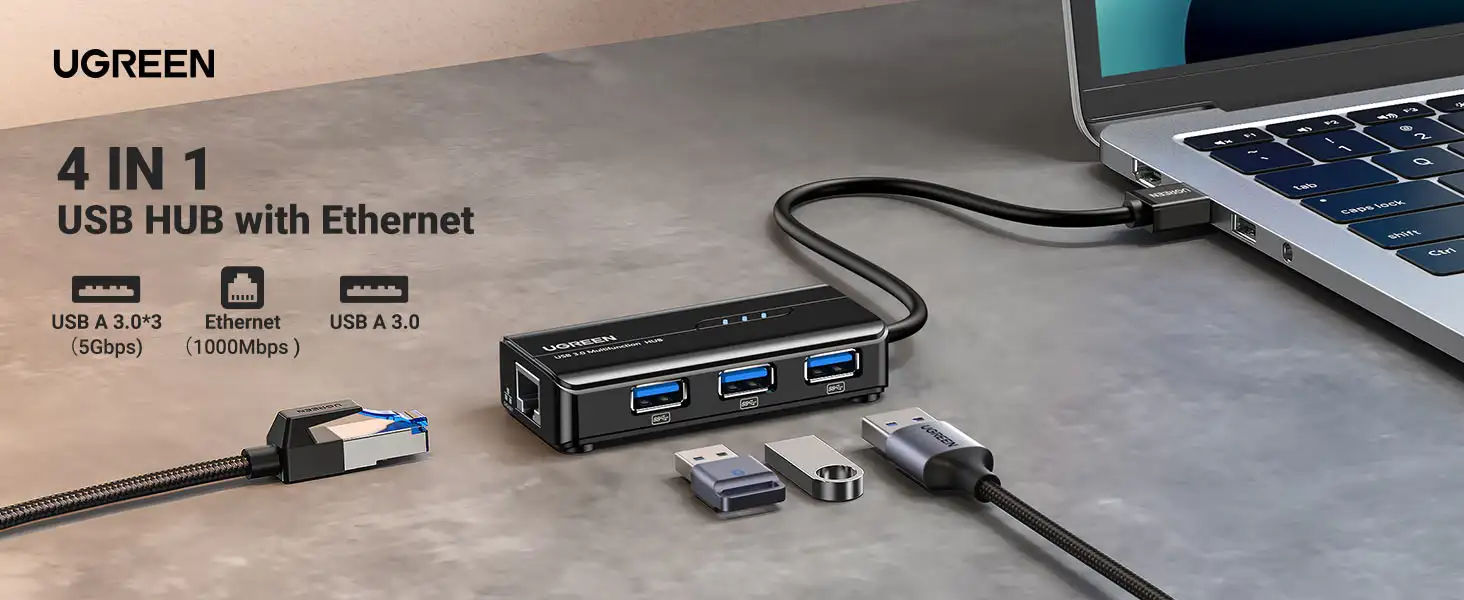 Bộ chuyển USB to LAN 1000Mbps + Hub USB 3.0 3 Cổng Ugreen 20265 31 Hub USB 3.0 4 cổng kèm cổng mạng Ethernet Gigabit Ugreen 20265 – giải pháp mở rộng kết nối tiện lợi