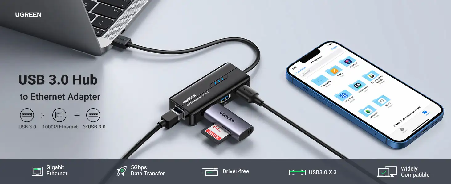 Bộ chuyển USB to LAN 1000Mbps + Hub USB 3.0 3 Cổng Ugreen 20265 30 USB 3.0 Hub to Ethernet Adapter Ugreen 20265, tốc độ cao 5Gbps, hỗ trợ Gigabit LAN