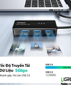 Hub USB 3.0 Ugreen 20265 hỗ trợ truyền tải dữ liệu tốc độ 5Gbps, nhanh gấp 10 lần USB 2.0