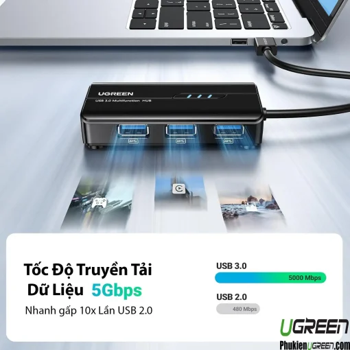 Hub USB 3.0 Ugreen 20265 hỗ trợ truyền tải dữ liệu tốc độ 5Gbps, nhanh gấp 10 lần USB 2.0