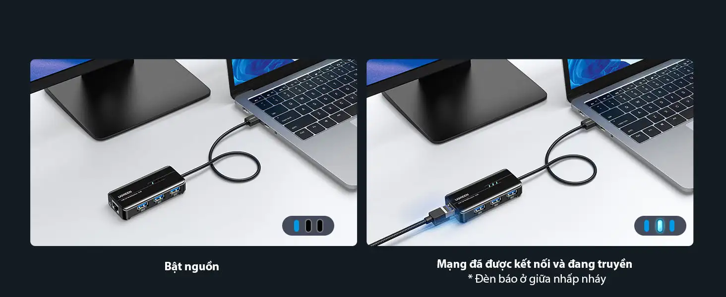 Bộ chuyển USB to LAN 1000Mbps + Hub USB 3.0 3 Cổng Ugreen 20265 34 Đèn báo trạng thái Hub USB 3.0 Ugreen 20265 – Nhận biết khi bật nguồn và khi đang truyền dữ liệu qua mạng