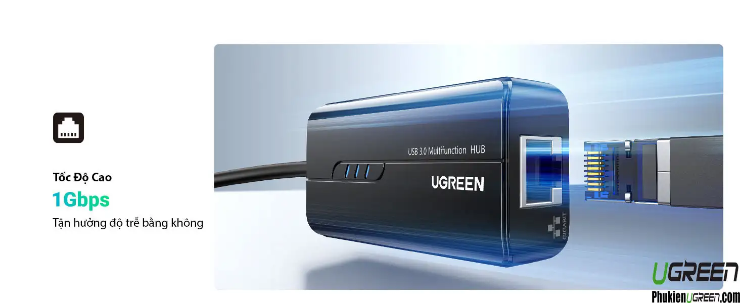 Bộ chuyển USB to LAN 1000Mbps + Hub USB 3.0 3 Cổng Ugreen 20265 33 Tốc độ mạng 1Gbps Hub USB 3.0 Ugreen 20265 – Kết nối LAN Gigabit siêu nhanh