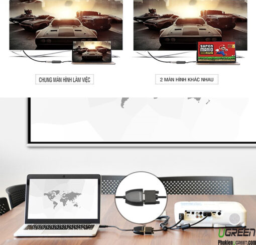 Cáp chuyển đổi HDMI sang VGA Ugreen hỗ trợ trình chiếu từ laptop ra TV và máy chiếu, dùng chung hoặc tách 2 màn hình