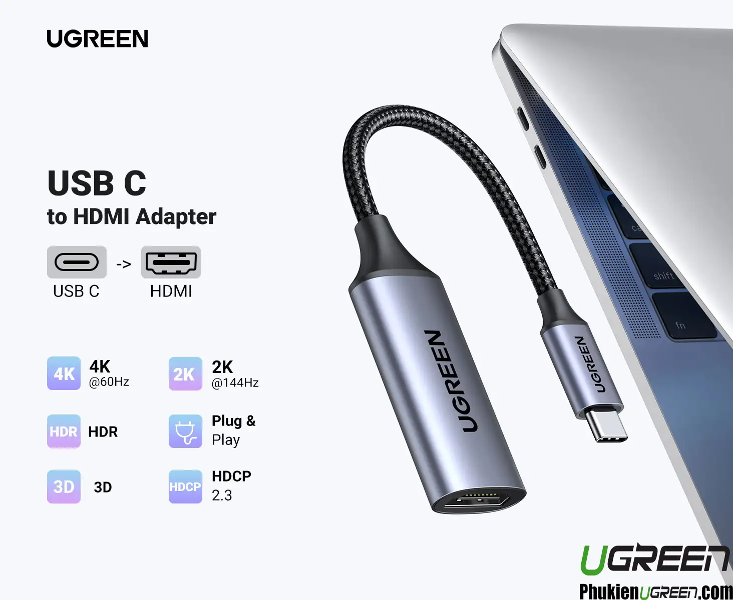 Cáp USB Type C to HDMI 4K@60Hz Ugreen 70444 (Vỏ Nhôm) 24 Cáp chuyển đổi Ugreen 70444 USB-C sang HDMI, hỗ trợ 4K 60Hz, 2K 144Hz, HDR, 3D, HDCP