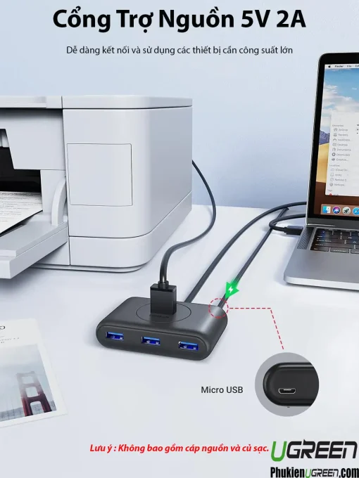 Hub USB 3.0 Ugreen CR113 hỗ trợ nguồn ngoài 5V 2A qua cổng Micro USB