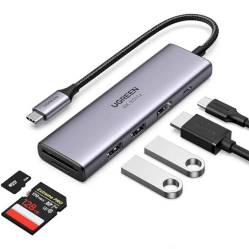 Bộ chuyển USB Type C 6 trong 1 Ugreen 60384 kết nối 6 cổng: HDMI 4K@60Hz, 3 x USB 3.0, SD, TF, hỗ trợ nhiều thiết bị và phụ kiện
