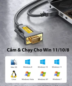 Cáp USB sang RS232 Ugreen CR104 cắm và chạy trên Windows 11, 10, 8, Mac OS, Linux