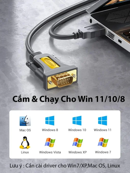 Cáp USB sang RS232 Ugreen CR104 cắm và chạy trên Windows 11, 10, 8, Mac OS, Linux