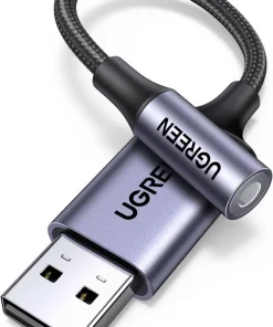 Cáp chuyển USB to 3.5mm Ugreen 30757 vỏ nhôm xám dây bọc dù — đầu USB-A và jack 3.5mm 4-pole