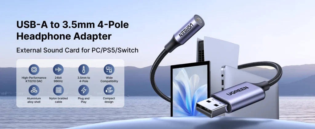 Cáp Chuyển USB 2.0 to 3.5mm (Mic + Loa) Ugreen 30757 ( Chip DAC ) 20 Cáp chuyển USB to 3.5mm Ugreen 30757 — External Sound Card DAC KT0210 cho PC PS5 Switch