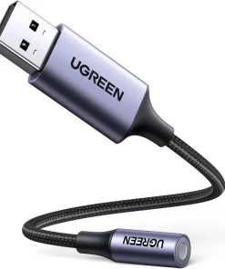 Cáp USB to jack 3.5mm Ugreen 30757 toàn thân — đầu USB-A và đầu ra audio 3.5mm vỏ nhôm dây bọc dù