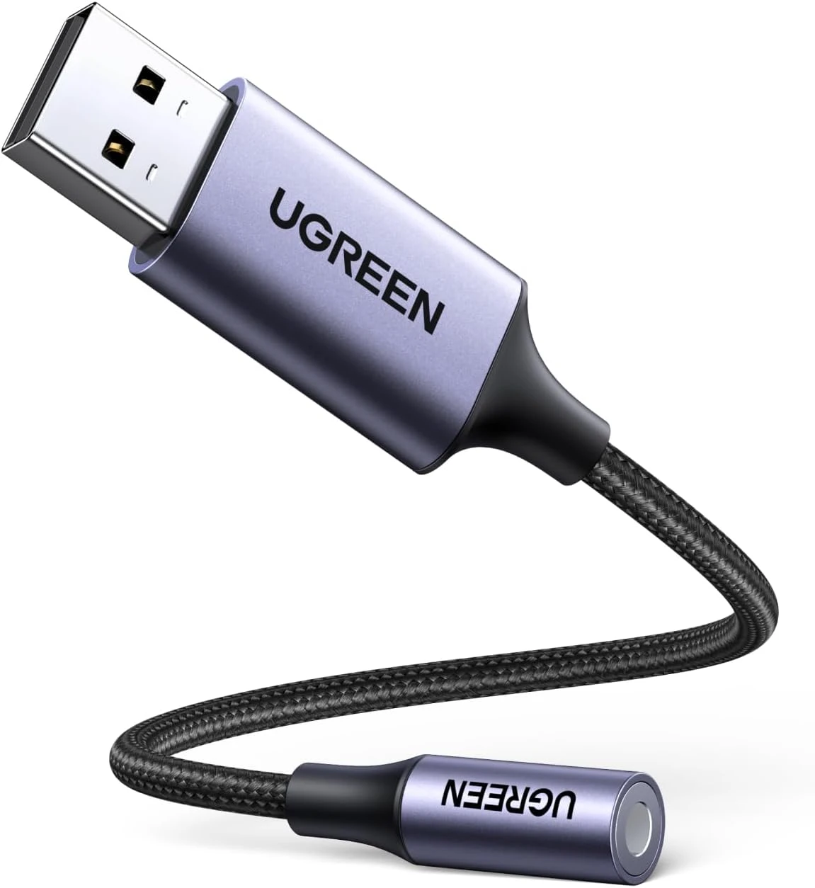 Cáp Chuyển USB 2.0 to 3.5mm (Mic + Loa) Ugreen 30757 ( Chip DAC ) 1 Cáp USB to jack 3.5mm Ugreen 30757 toàn thân — đầu USB-A và đầu ra audio 3.5mm vỏ nhôm dây bọc dù