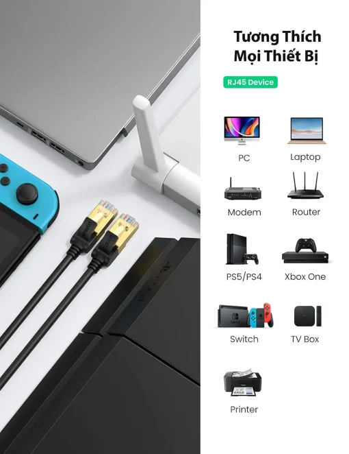 Cáp mạng Cat7 Ugreen NW107 STP chống nhiễu, tốc độ 10Gbps, băng thông 600MHz – Tương thích PC, laptop, modem, router, PS5, Xbox, Nintendo Switch, TV Box, máy in. Hỗ trợ SKU 11229 đến 11286 với chiều dài từ 0.5M đến 30M.