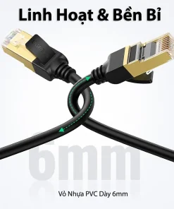 Cáp mạng Cat7 Ugreen NW107 RJ45 STP linh hoạt và bền bỉ, vỏ nhựa PVC dày 6mm chống gãy gập, tốc độ 10Gbps, băng thông 600MHz – SKU từ 11229 đến 11286.