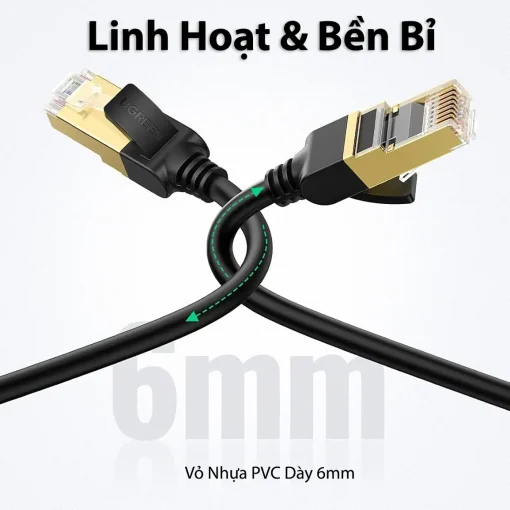 Cáp mạng Cat7 Ugreen NW107 RJ45 STP linh hoạt và bền bỉ, vỏ nhựa PVC dày 6mm chống gãy gập, tốc độ 10Gbps, băng thông 600MHz – SKU từ 11229 đến 11286.