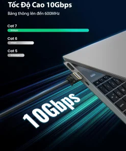 Cáp mạng Cat7 Ugreen NW107 RJ45 STP tốc độ cao 10Gbps, băng thông 600MHz. So sánh vượt trội Cat6 1Gbps và Cat5 100Mbps. Hỗ trợ SKU từ 11229 đến 11286 với chiều dài 0.5M đến 30M.