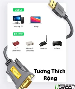 Cáp chuyển đổi USB sang RS232 Ugreen CR104 tương thích rộng với PC, laptop, PLC, modem, máy in