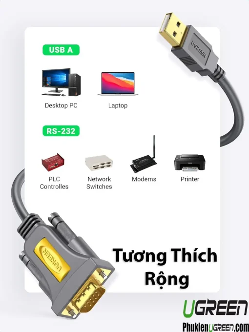 Cáp chuyển đổi USB sang RS232 Ugreen CR104 tương thích rộng với PC, laptop, PLC, modem, máy in
