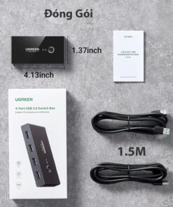 Đóng gói sản phẩm Ugreen 30768 4-Port USB 3.0 Sharing Switcher gồm thiết bị, 2 dây cáp USB 1.5m, sách hướng dẫn, hộp đựng