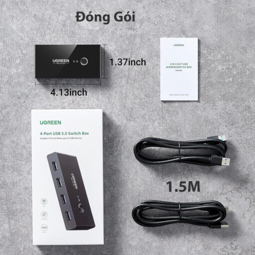 Đóng gói sản phẩm Ugreen 30768 4-Port USB 3.0 Sharing Switcher gồm thiết bị, 2 dây cáp USB 1.5m, sách hướng dẫn, hộp đựng