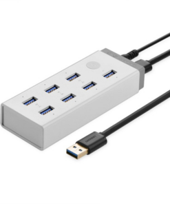 Hub USB 7 cổng 3.0 Ugreen 20296 CR116 màu trắng, có nguồn 12V 2A, tốc độ truyền dữ liệu 5Gbps