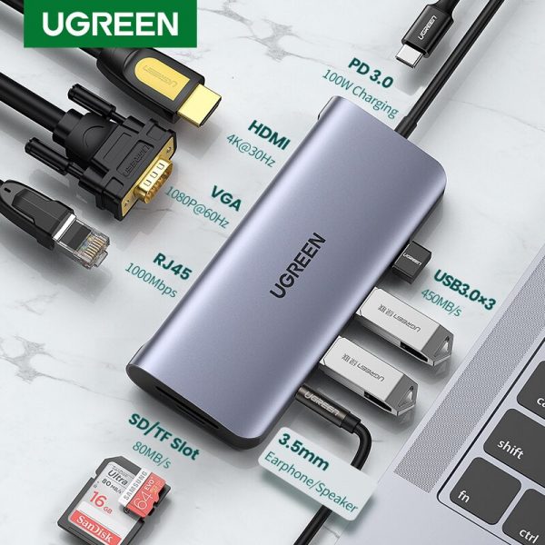 hub-usb-c-10-in-1-ugreen-80133-usb-c-to-3-usb-3-0-hdmi-4k-vga-rj45-gigabit-sd-tf-audio-3-5mm-pd