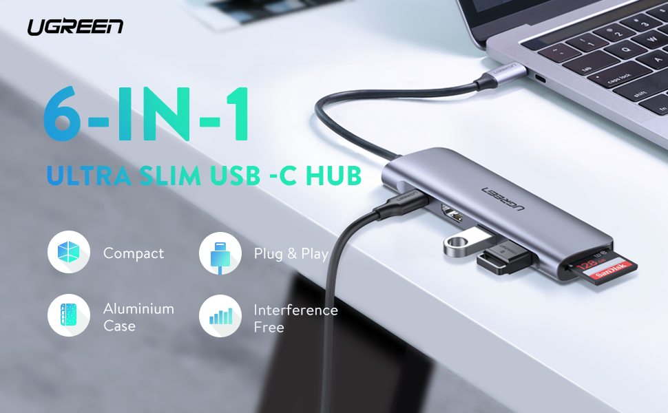 Hub USB-C 6-in-1 Ugreen Ultra Slim – Kết nối đa năng cho laptop, MacBook, thẻ nhớ, USB, SD