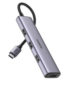 Hub USB Type-C sang 4 cổng USB 3.0 vỏ nhôm Ugreen 20841, dây bọc dù, màu xám, thiết kế siêu bền, hỗ trợ truyền dữ liệu tốc độ cao cho laptop, MacBook