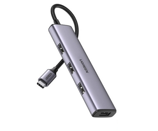 Hub USB Type-C sang 4 cổng USB 3.0 vỏ nhôm Ugreen 20841, dây bọc dù, màu xám, thiết kế siêu bền, hỗ trợ truyền dữ liệu tốc độ cao cho laptop, MacBook