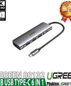 Hub USB Type C Ugreen 80132 6-in-1 hỗ trợ HDMI 4K, USB 3.0, Audio 3.5mm, sạc nhanh PD 100W cho MacBook, laptop, điện thoại USB-C