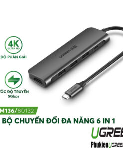 Hub USB-C Ugreen CM136 80132 6 in 1 đa năng hỗ trợ HDMI 4K, USB 3.0, PD 100W cho MacBook, laptop