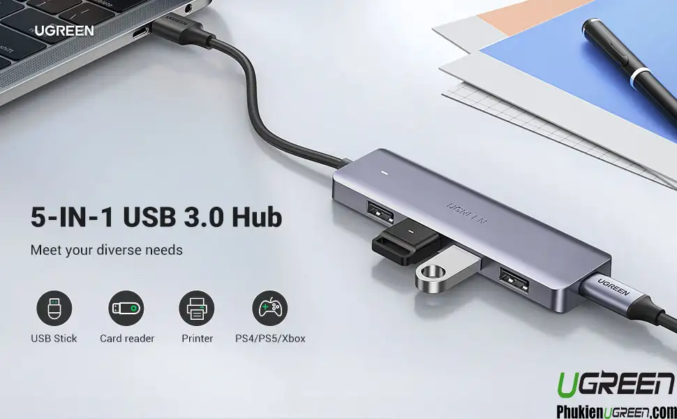 Bộ Chia 4 Cổng USB 3.0 Hỗ Trợ Nguồn USB-C Ugreen 50985 30 Hub USB 3.0 Ugreen 50985 5-in-1, bộ chia 4 cổng hỗ trợ nguồn USB-C, kết nối USB Stick, card reader, máy in, tay cầm chơi game