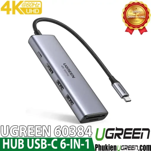 Bộ chuyển USB Type C 6 trong 1 Ugreen 60384 hỗ trợ HDMI 4K@60Hz, USB 3.0, SD/TF, PD 100W, chính hãng, vỏ nhôm cao cấp