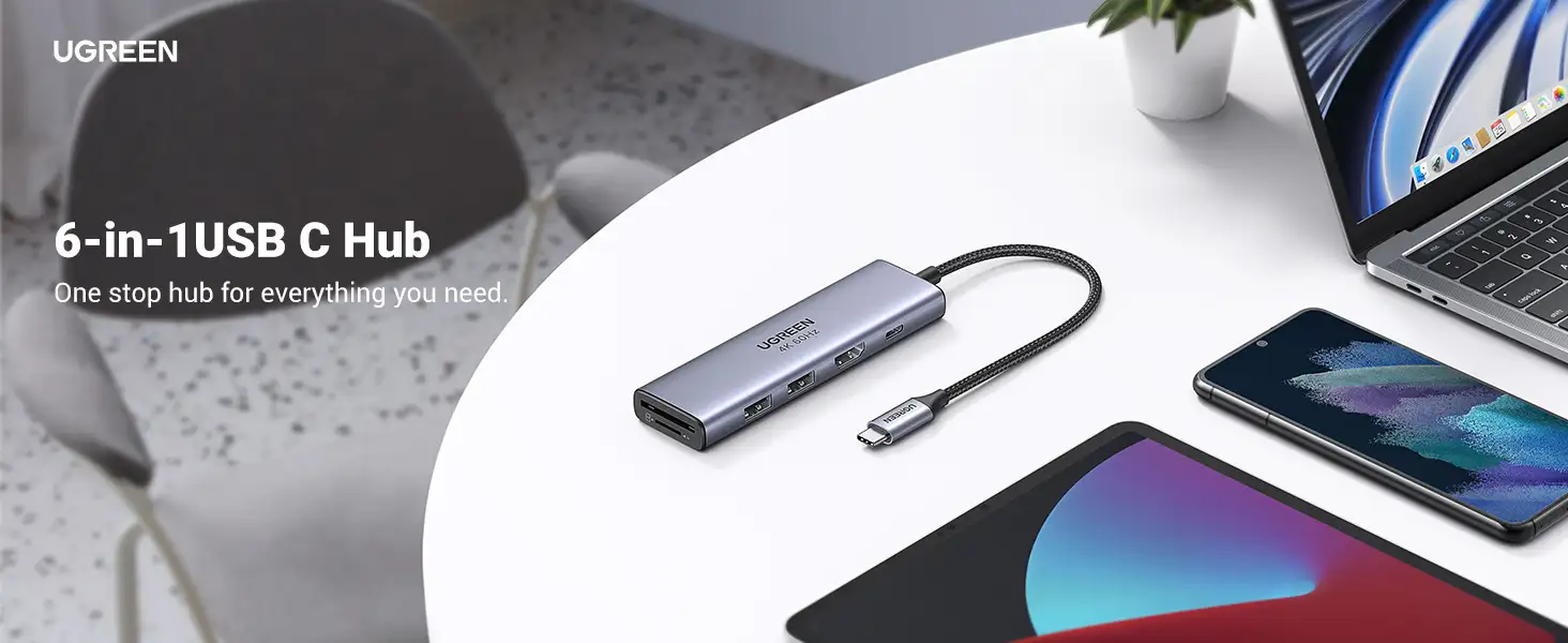 Bộ Chuyển USB Type C sang HDMI+USB 3.0+SD/TF+PD 100W Ugreen 60384 26 Bộ chuyển USB Type C 6 trong 1 Ugreen 60384 thực tế kết nối MacBook, smartphone, tablet, đa nền tảng tiện lợi