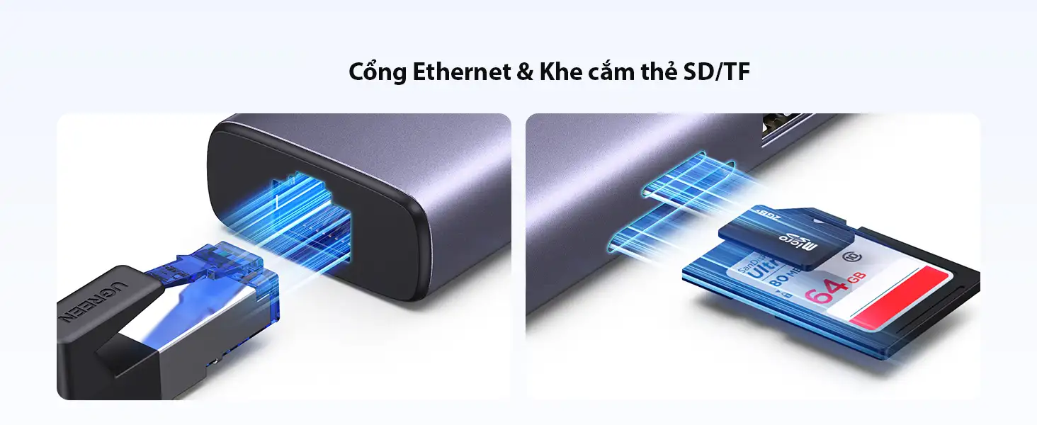 Chi tiết cổng Ethernet LAN 1Gbps và khe cắm thẻ SD, TF trên bộ chuyển USB Type C 7 trong 1 Ugreen 60515