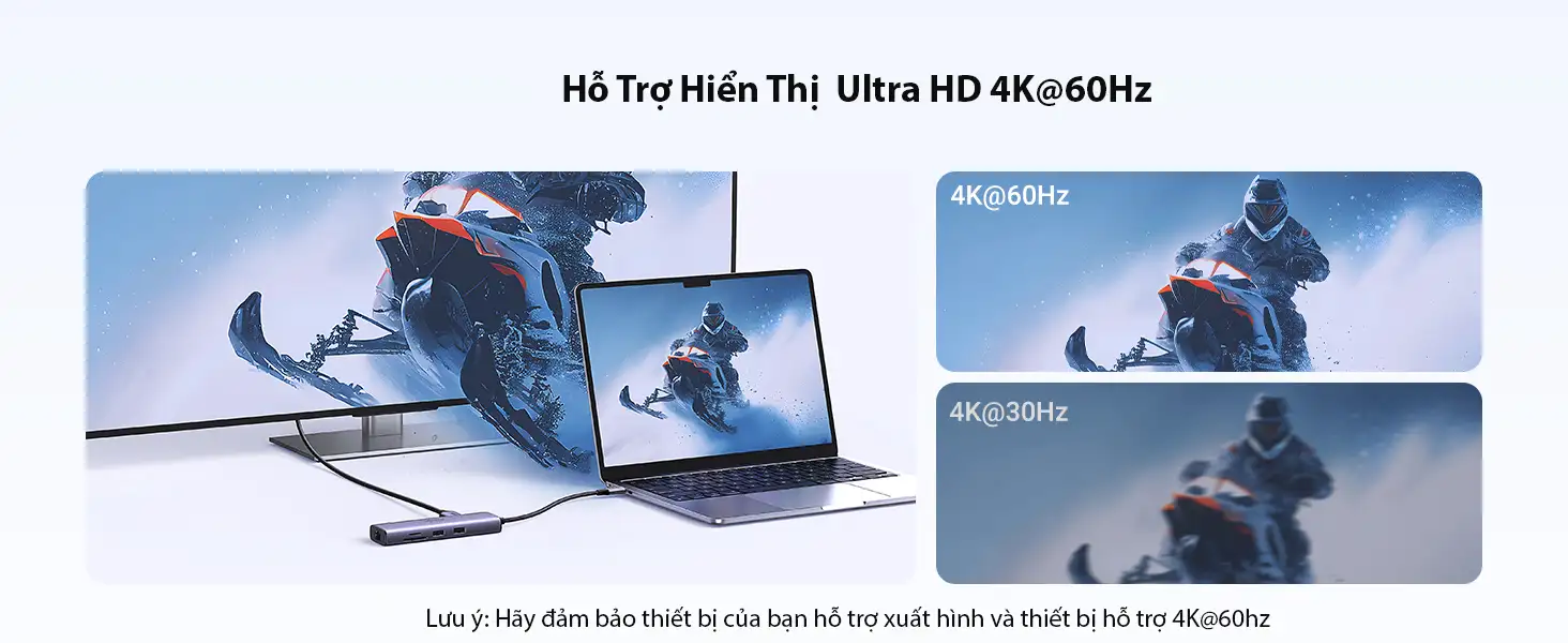 Bộ chuyển USB Type C 7 trong 1 Ugreen 60515 hỗ trợ xuất hình Ultra HD 4K@60Hz, so sánh với 4K@30Hz
