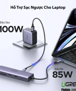 Bộ chuyển USB Type C 7 trong 1 Ugreen 60515 hỗ trợ sạc ngược laptop, đầu vào 100W, đầu ra 85W, dùng củ sạc PD chuẩn