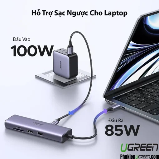 Bộ chuyển USB Type C 7 trong 1 Ugreen 60515 hỗ trợ sạc ngược laptop, đầu vào 100W, đầu ra 85W, dùng củ sạc PD chuẩn